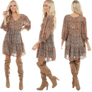 Umgee Tiered Floral Baby Doll Dress Flowy Bubble Long Sleeve 1 XL